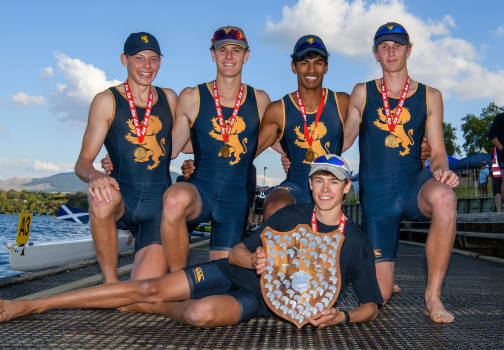 The Under 18 Four with the Springbok Shield - 2021 Captain of Rowing Ben Shortt, Cody Johnson, Amiel John, Oliver Welch and George Higgins (with the shield)