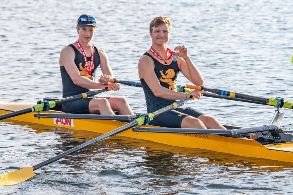 Form 7 students Max Liggins (left) and Fletcher Hawkesby win Silver in the Boys Under 16 Double race