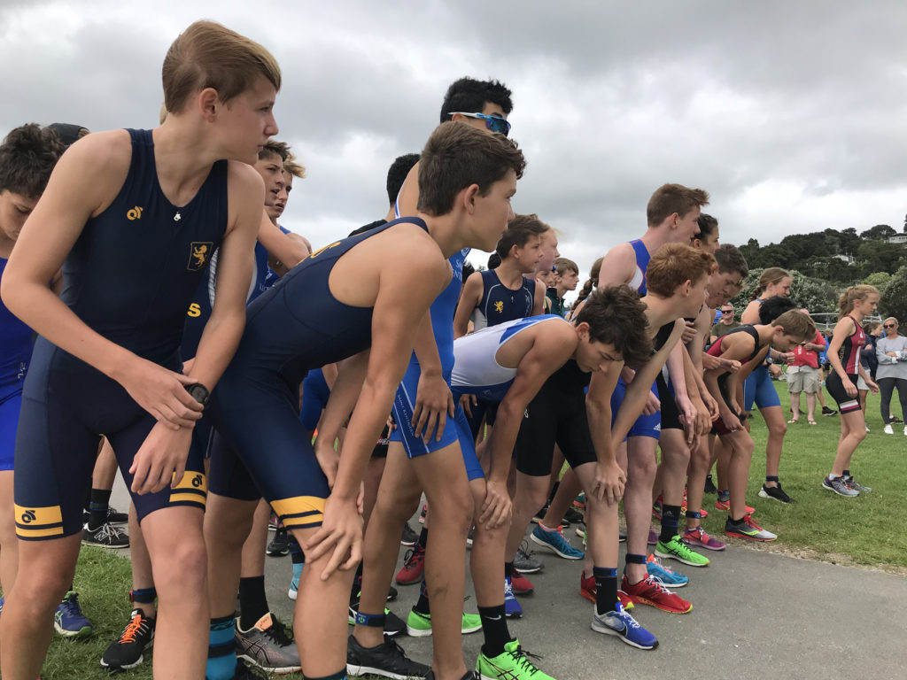 The Intermediate Boys race of the Triathlon including members of the School's Triathlon team (far left)