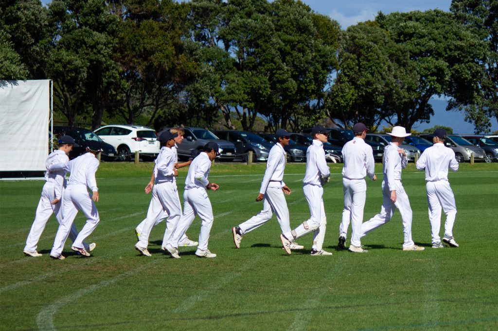 The 1st XI Cricket team, led by captain Will Jones (second from right)