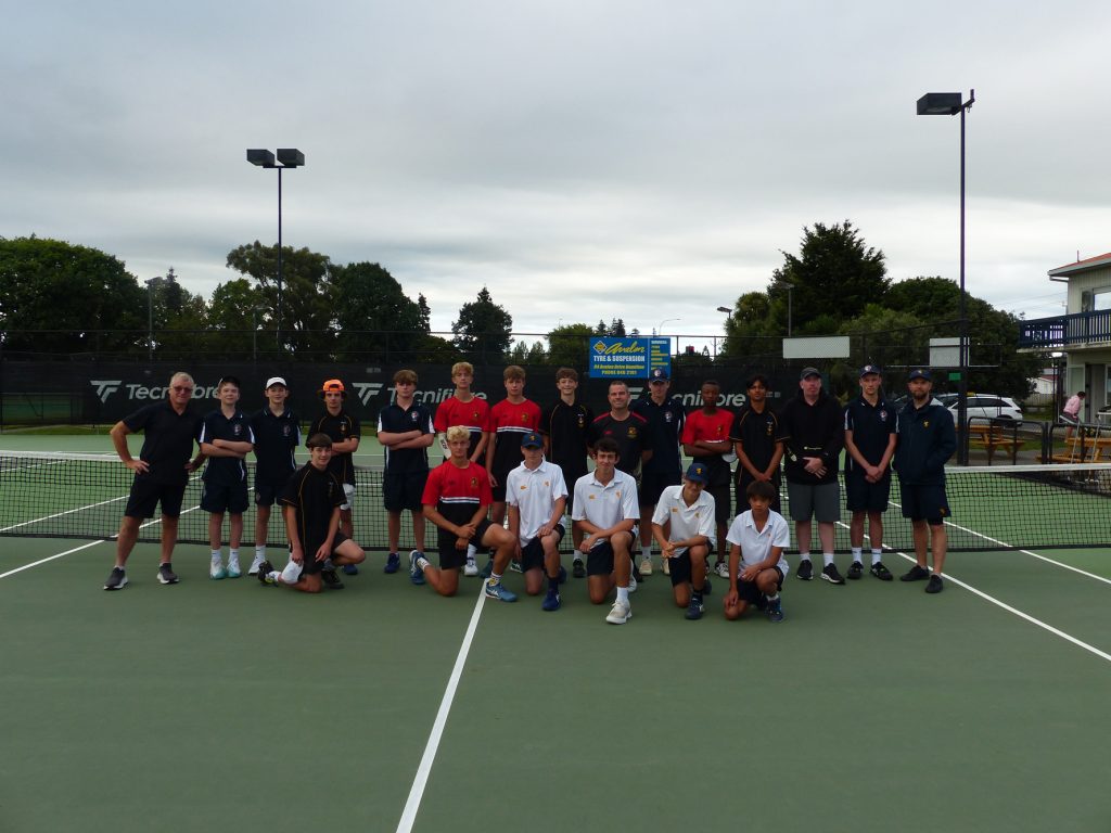 The Premier 1 Tennis team (in white) with the other teams from the Senior Quadrangular Tournament - hosts Hamilton Boys High School, Palmerston North Boys High School and Wellington College